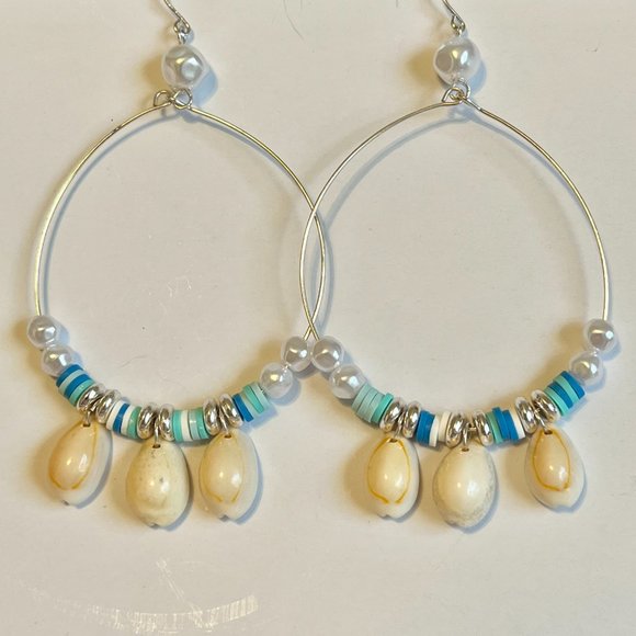 Silver Cowrie Shell White Freshwater Pearl Earrings Island Beach BIG Hoop Plated - Picture 7 of 10